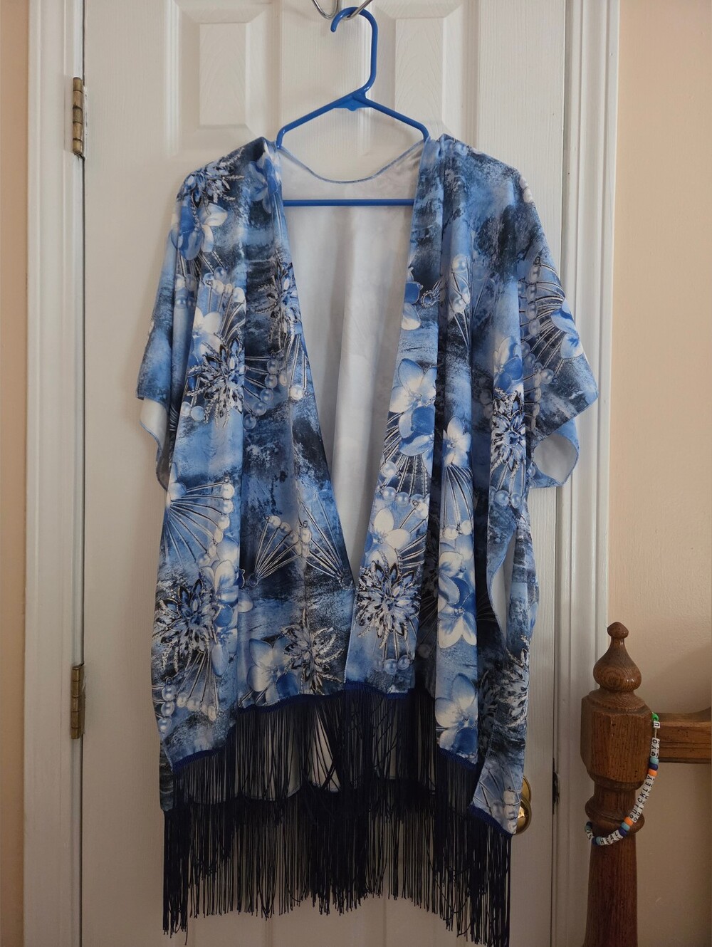 OSFM Blue Floral Fringe Bohemian Style Kimono Wrap